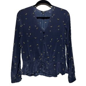 Rails Beaux Ruffle Waist Silk Blouse Navy‎ Crescent Moon Size XS Retail: $198